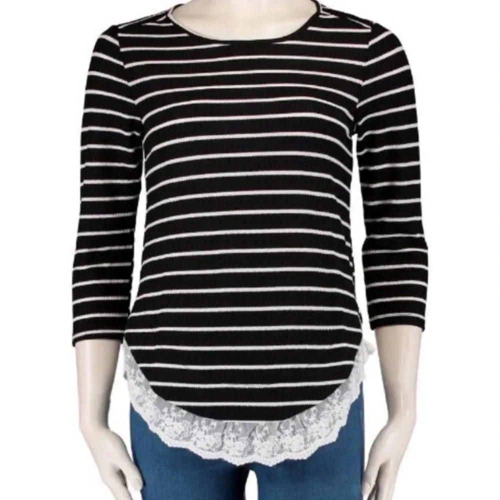 New Como vintage stripped waffle scalloped Lace trim long sleeve top Henley tee